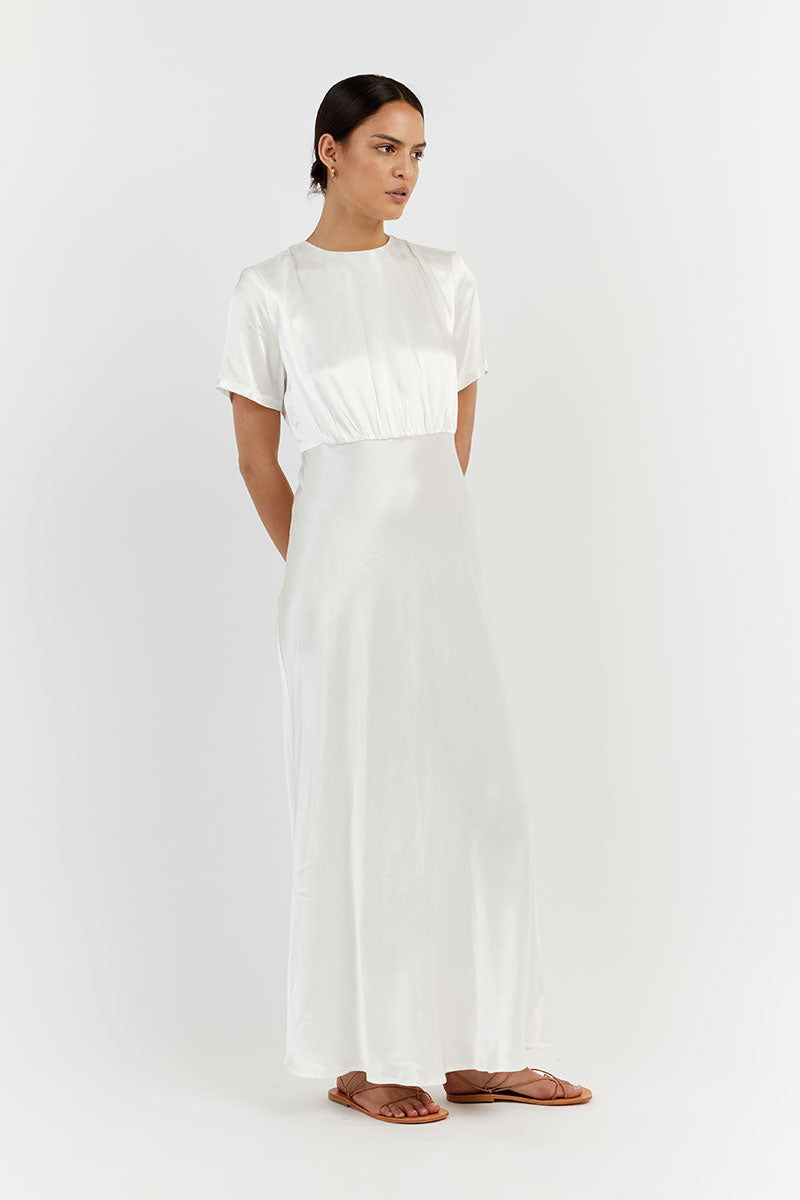 AISLE WHITE SATIN MIDI DRESS