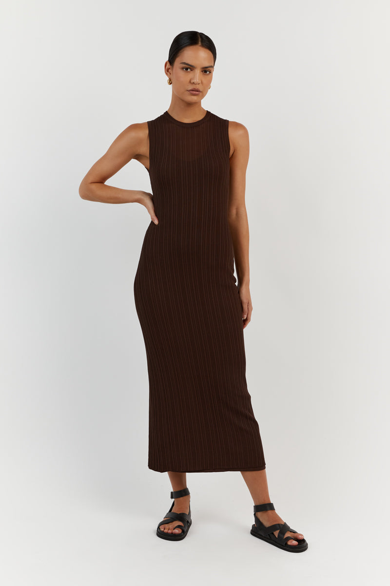 HARPER COFFEE SLEEVELESS MIDI DRESS