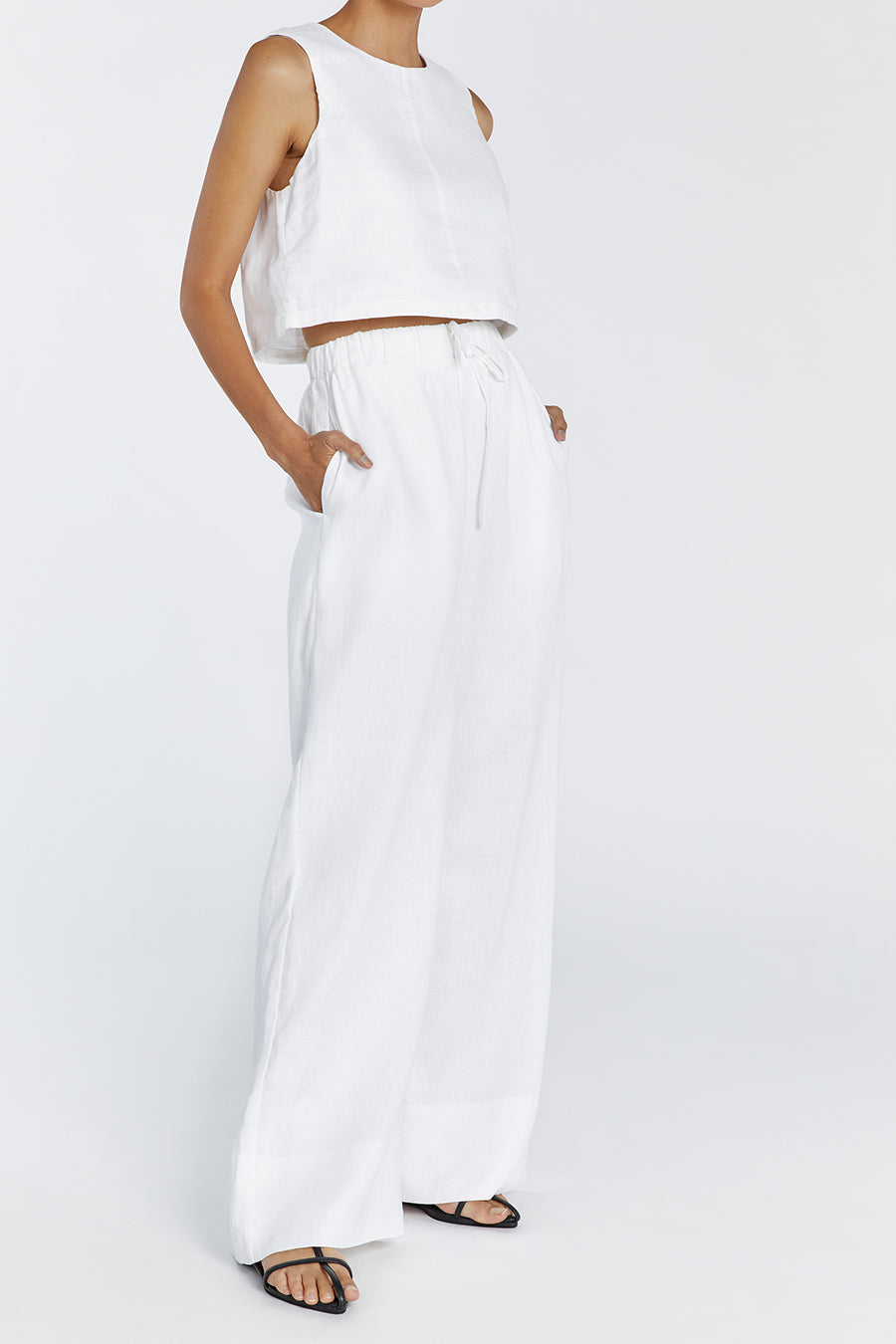 GINA WHITE LINEN ELASTIC WAIST PANT