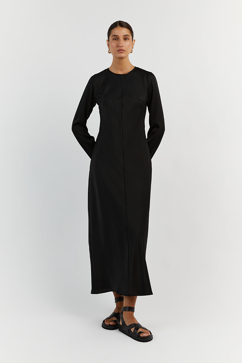 BLOOM BLACK SATIN LONG SLEEVE DRESS