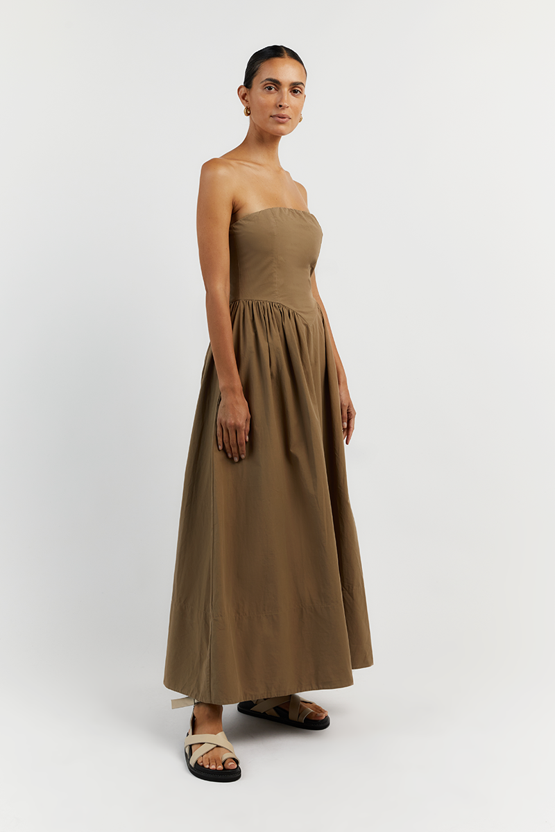 HYLAND COFFEE STRAPLESS MIDI DRESS