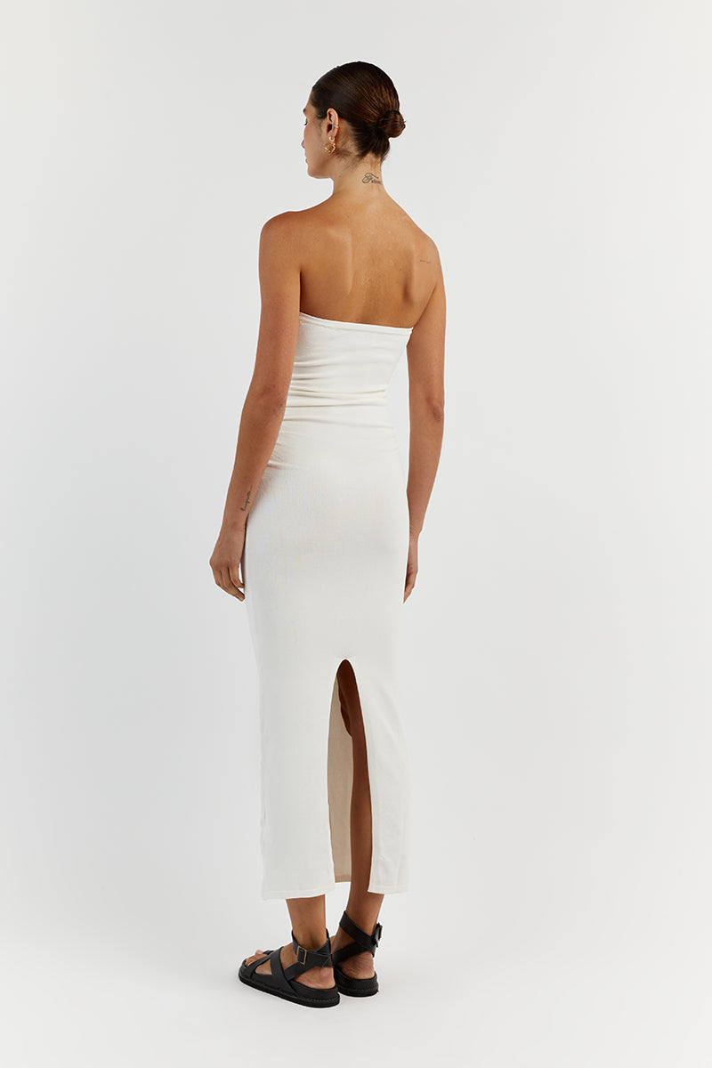 CARRIE OFF WHITE RUCHED MIDI DRESS