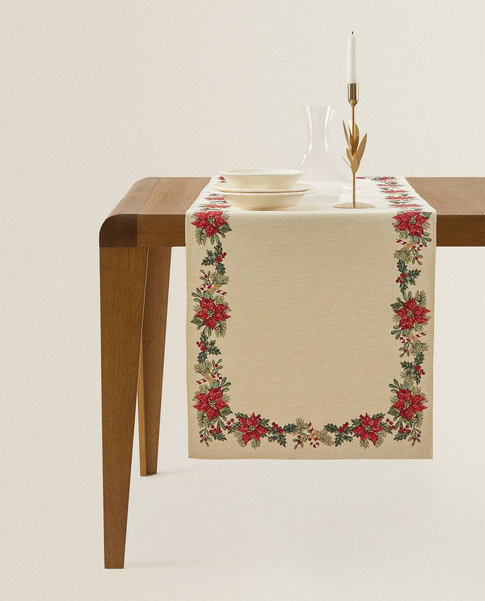CHRISTMAS POINSETTIA JACQUARD  TABLE RUNNER