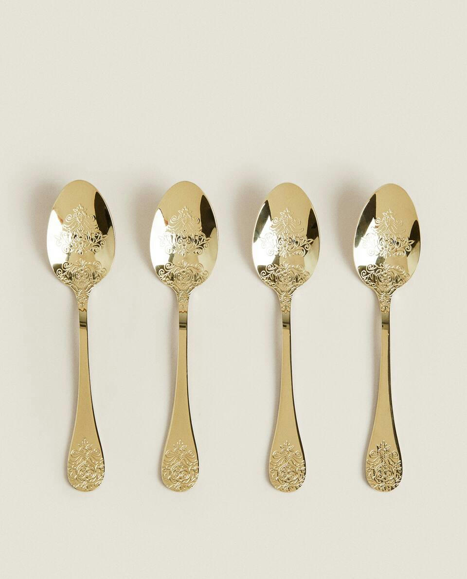 BOX OF 4 DECORATIVE ENGRAVED TEASPOONS
