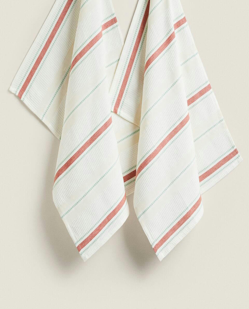 WAFFLE-KNIT  TEA TOWEL WITH STRIPES (PACK OF 2)