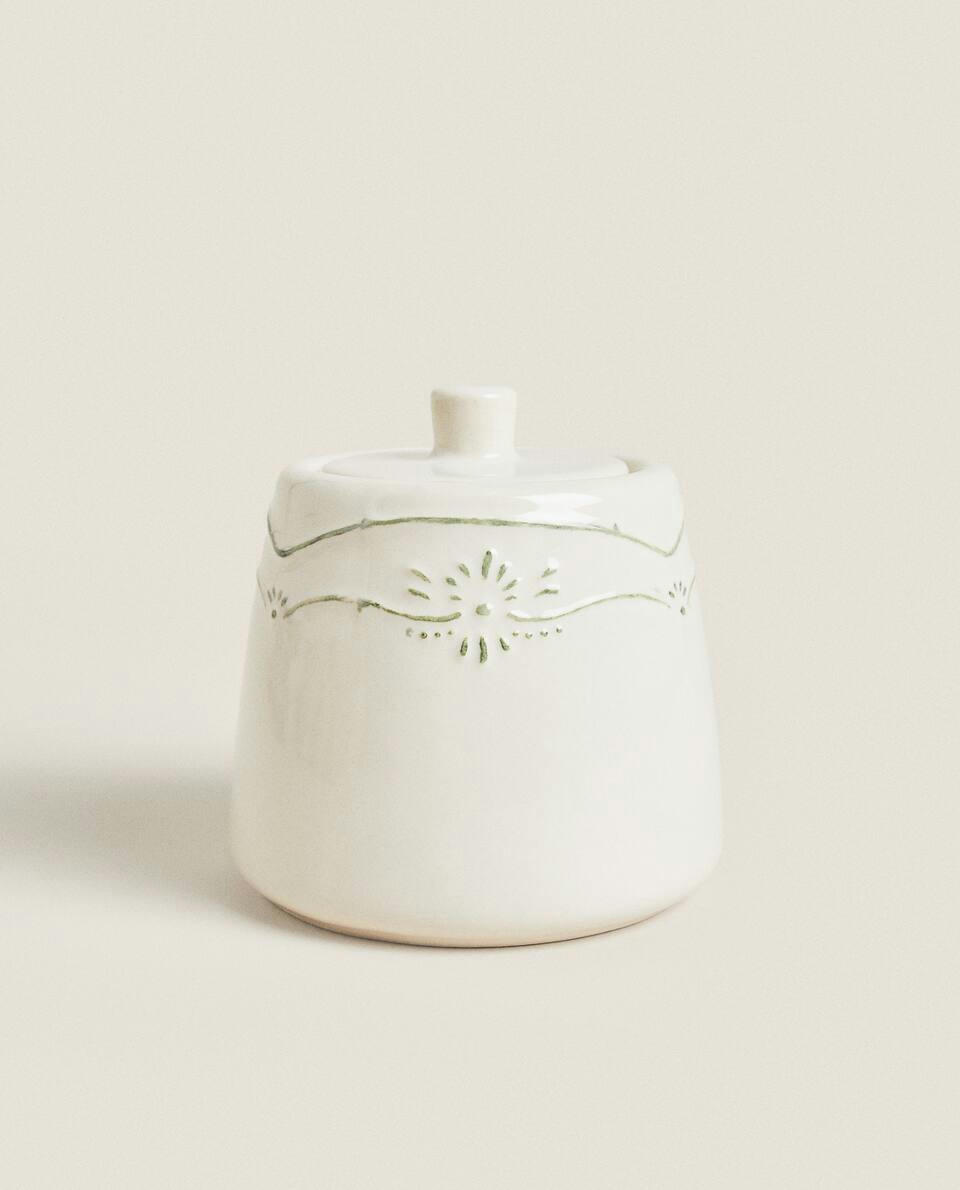 SUGAR BOWL WITH RAISED CHRISTMAS DESIGN