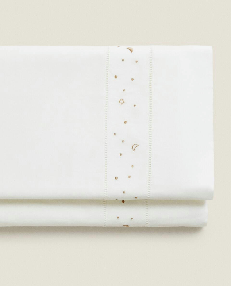 EMBROIDERED MOONS AND STARS FLAT SHEET