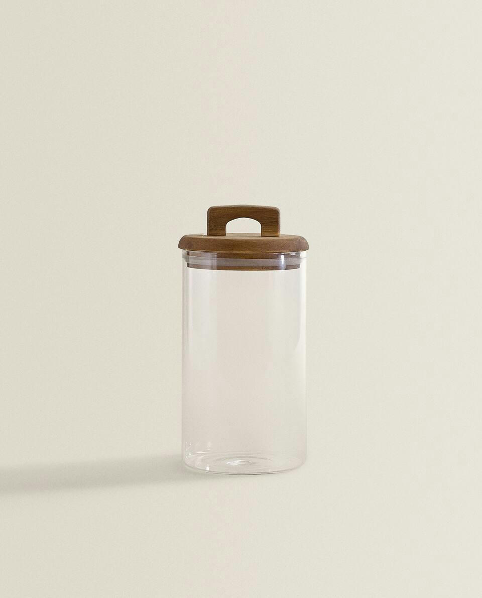 BOROSILICATE GLASS AND WOOD STORAGE JAR