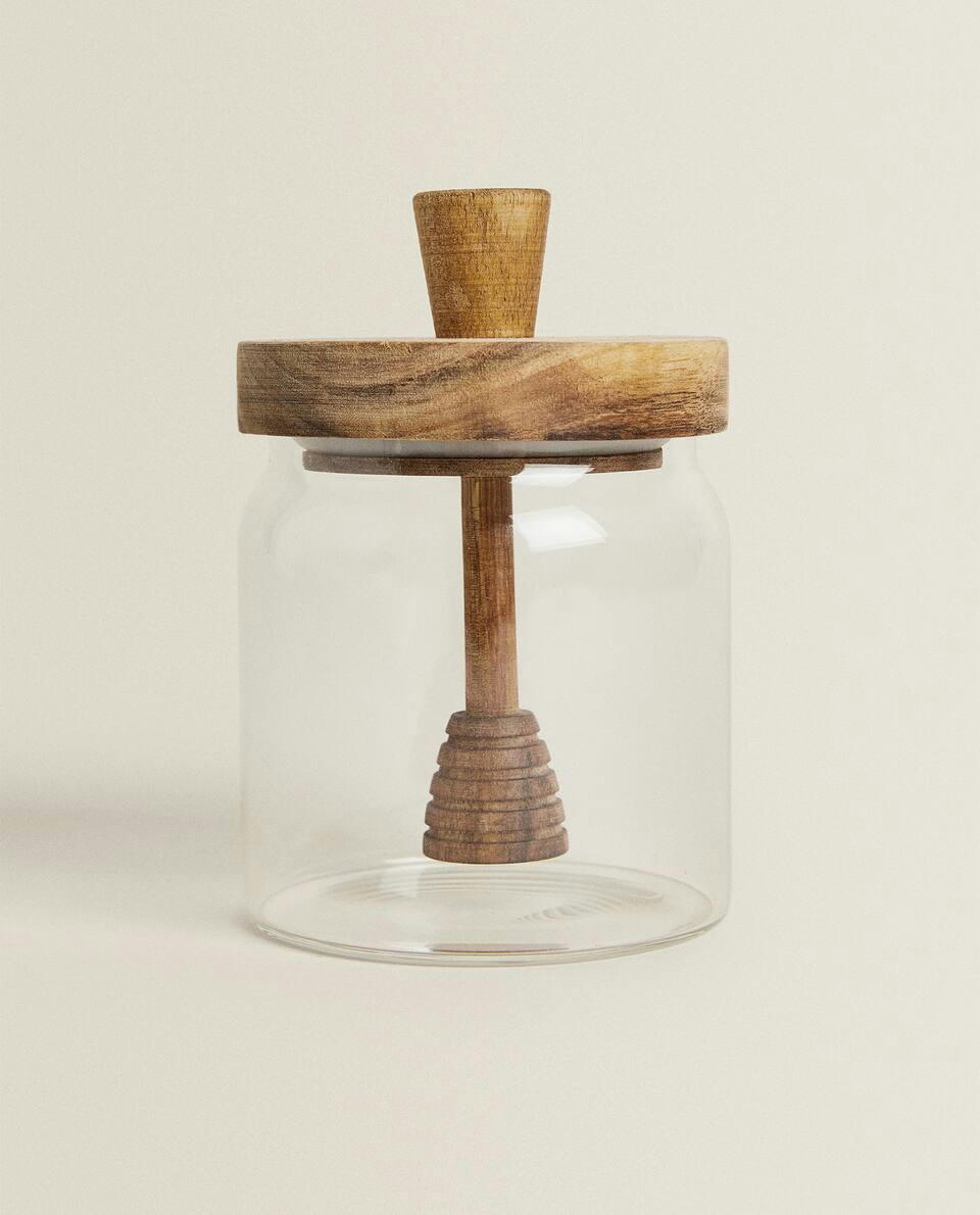 BOROSILICATE GLASS AND WOODEN HONEY JAR