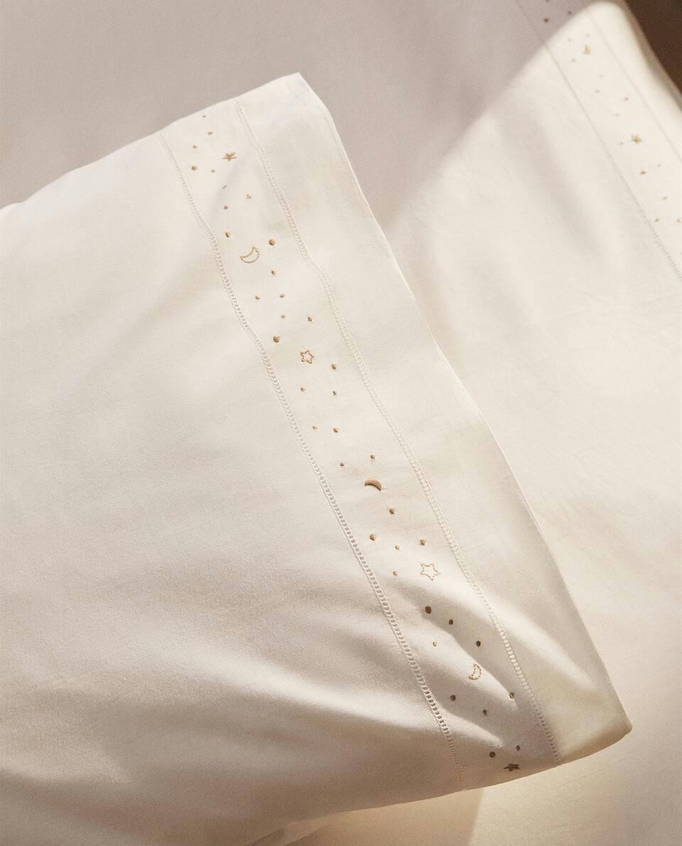 EMBROIDERED MOONS AND STARS PILLOWCASE