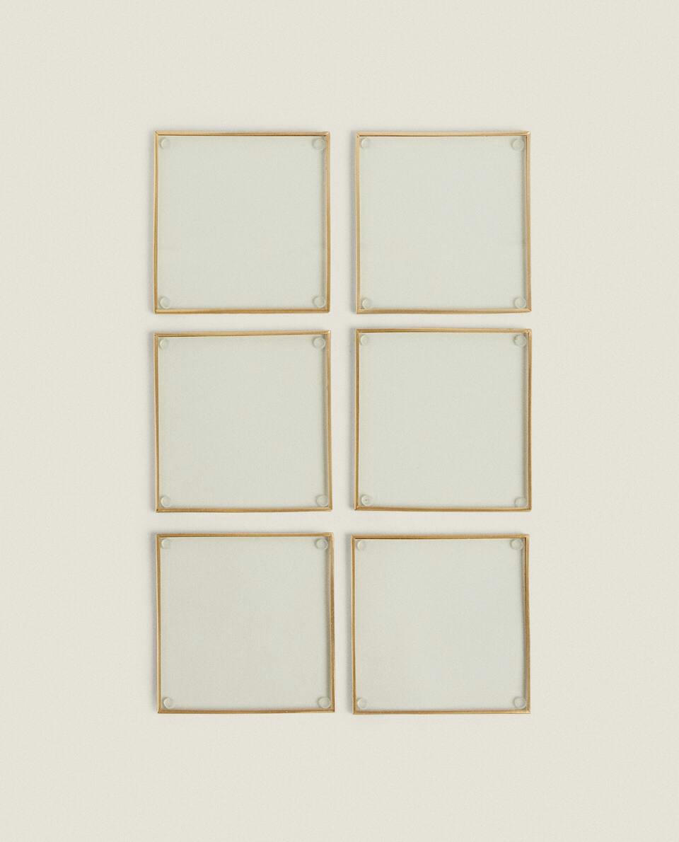 SET OF 6 GLASS COASTERS WITH METAL TRIM