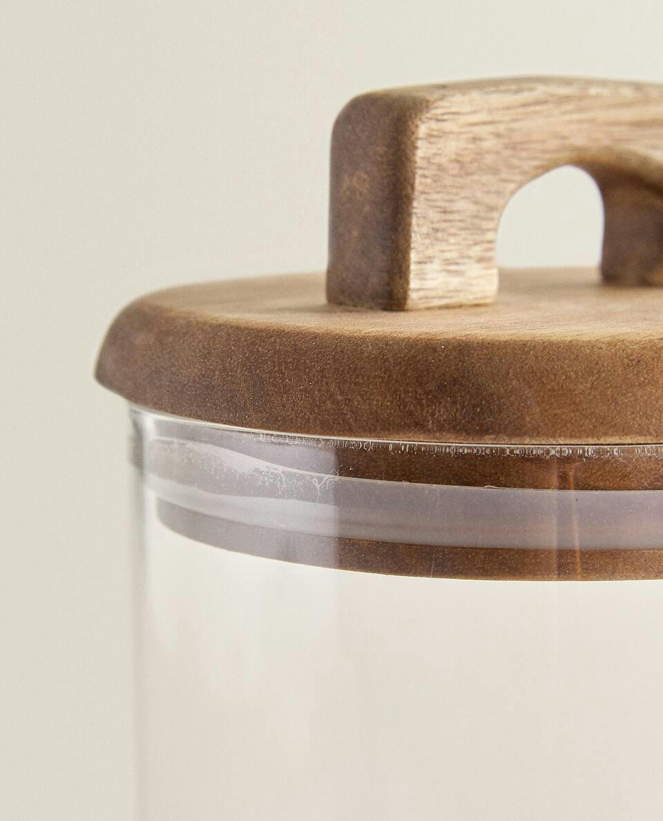 BOROSILICATE GLASS AND WOOD STORAGE JAR