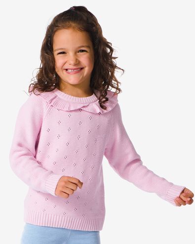 gebreide kindertrui met ajour en ruffle paars