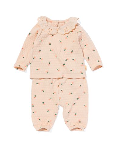 newborn kledingset shirt en broek ajour bloemen perzik