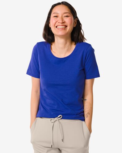 dames shirt slim fit o-hals korte mouw blauw