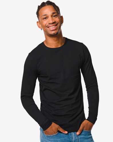 heren shirt slim fit o-hals lange mouw zwart
