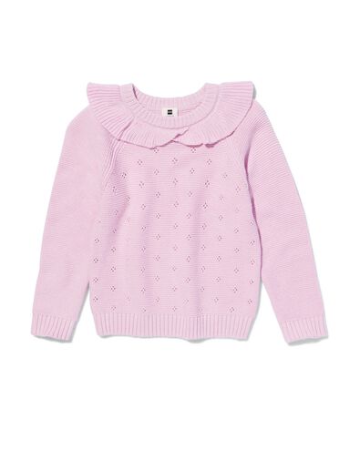 gebreide kindertrui met ajour en ruffle paars