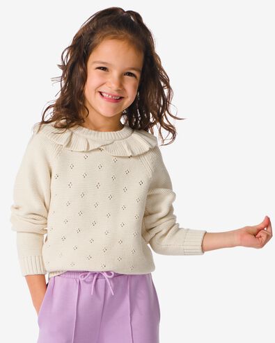 gebreide kindertrui met ajour en ruffle gebroken wit