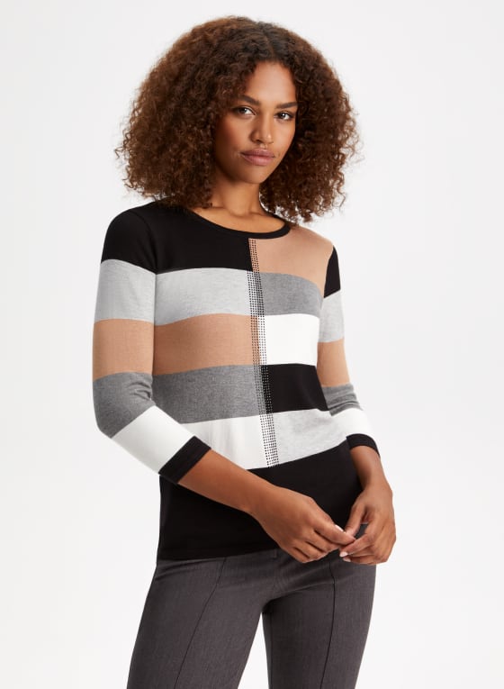 Rhinestone Trim Colour Block Sweater