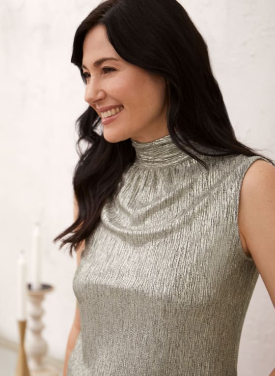 Mock Neck Metallic Plisse Top