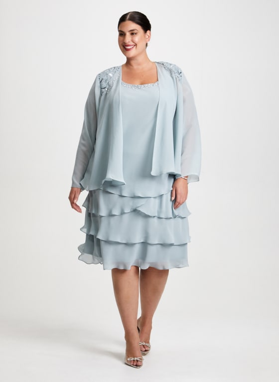 Beaded Trim Chiffon Dress & Jacket Set