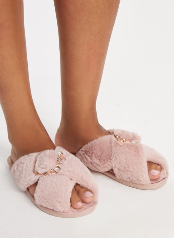 Faceted Stone Buckle Slippers