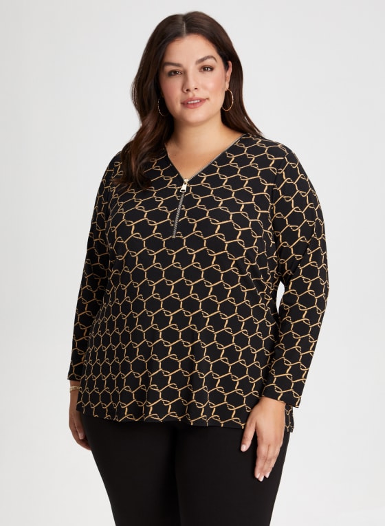 Geometric Print Zip Front Top