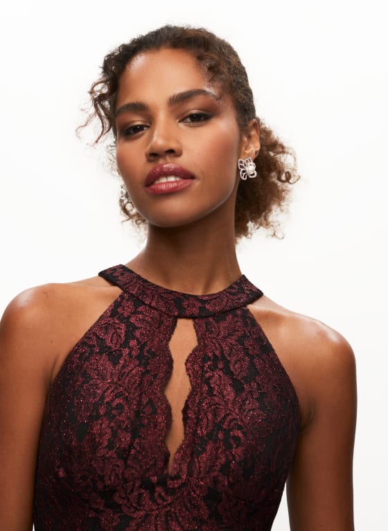 Metallic Lace Halter Dress