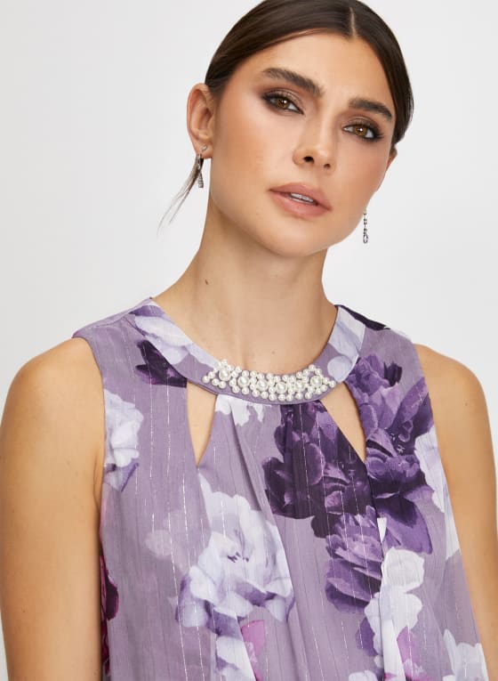 Pearl-Embellished Floral Print Dress