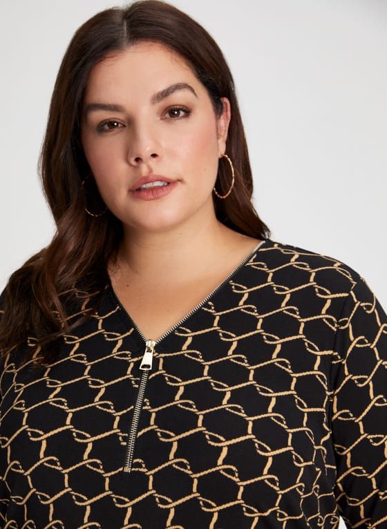 Geometric Print Zip Front Top