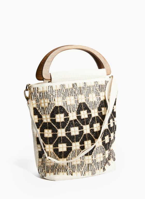 Geometric Motif Beaded Canvas Tote