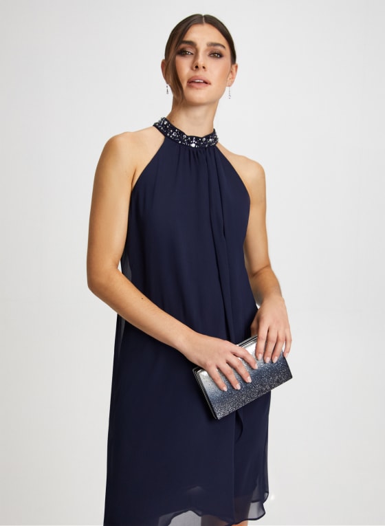 Beaded Neck Chiffon Dress