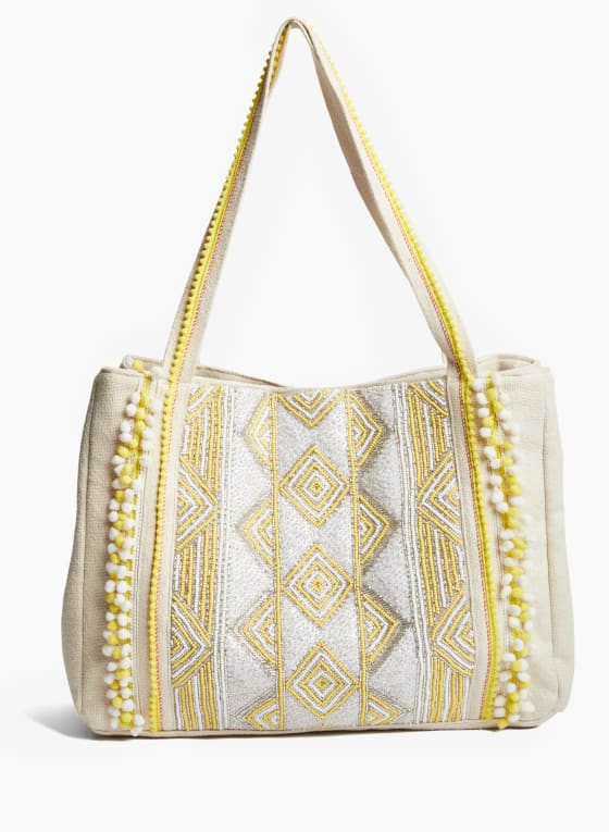 Pompom Trim Canvas Tote