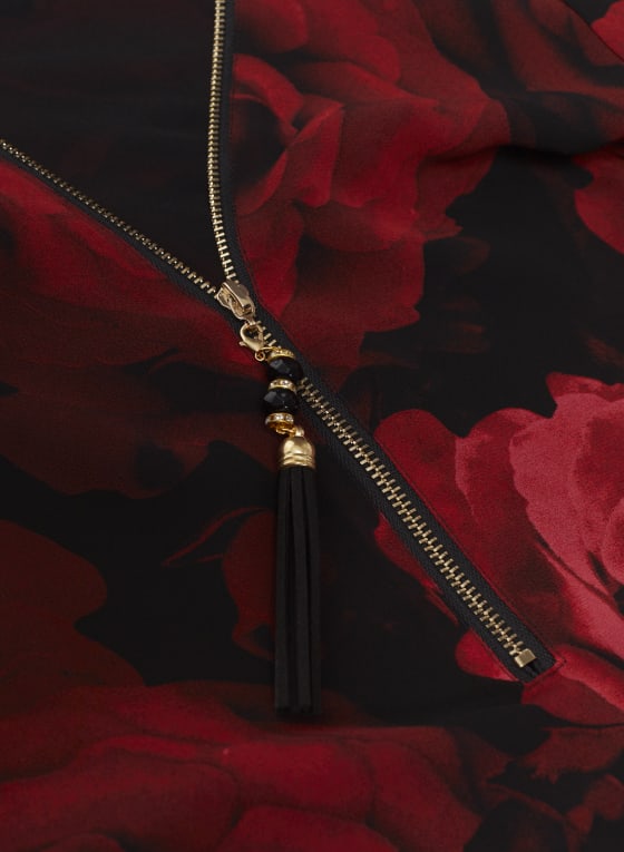 Zip Front Floral Print Blouse