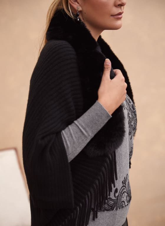 Faux Fur Collar Poncho