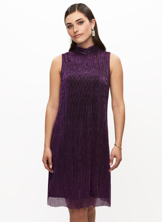 Mock Neck Metallic Plisse Dress