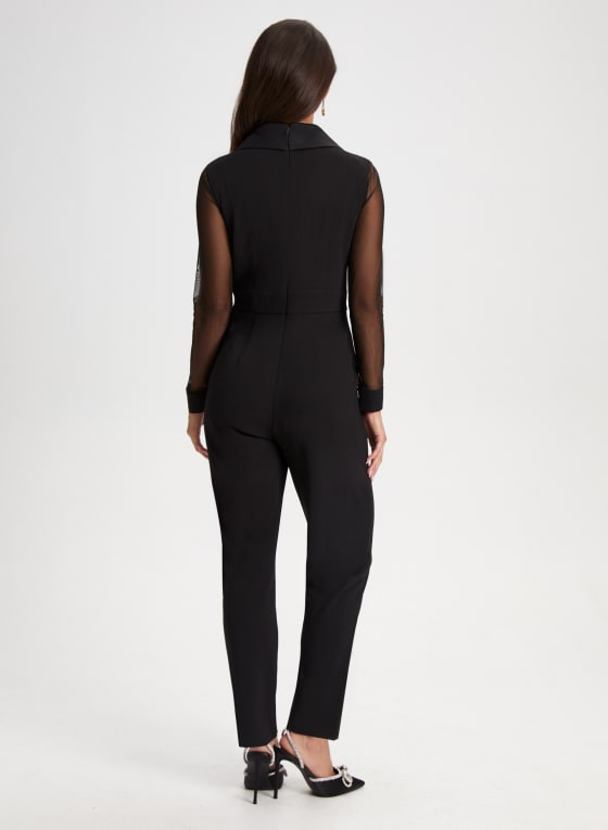 Mesh Sleeve Tuxedo Jumpsuit
