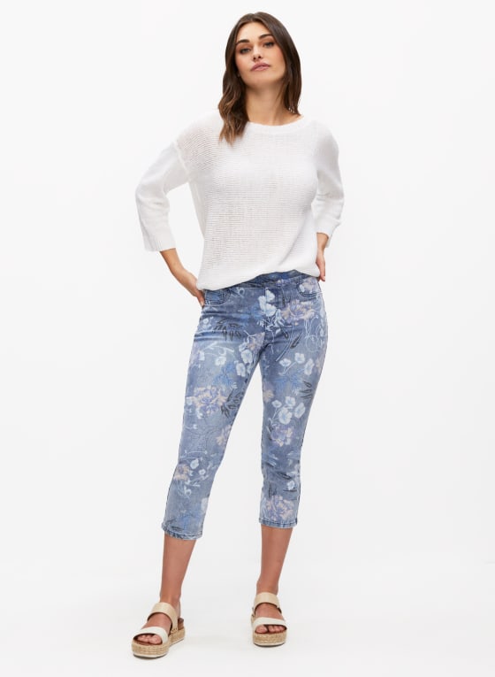 Pull-On Floral Print Denim Capris