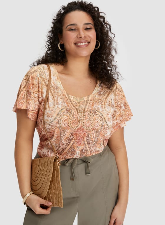 Embellished Paisley Print Burnout Tee