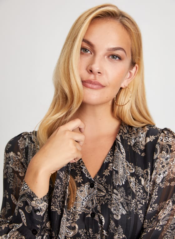 Metallic Tie Neck Blouse