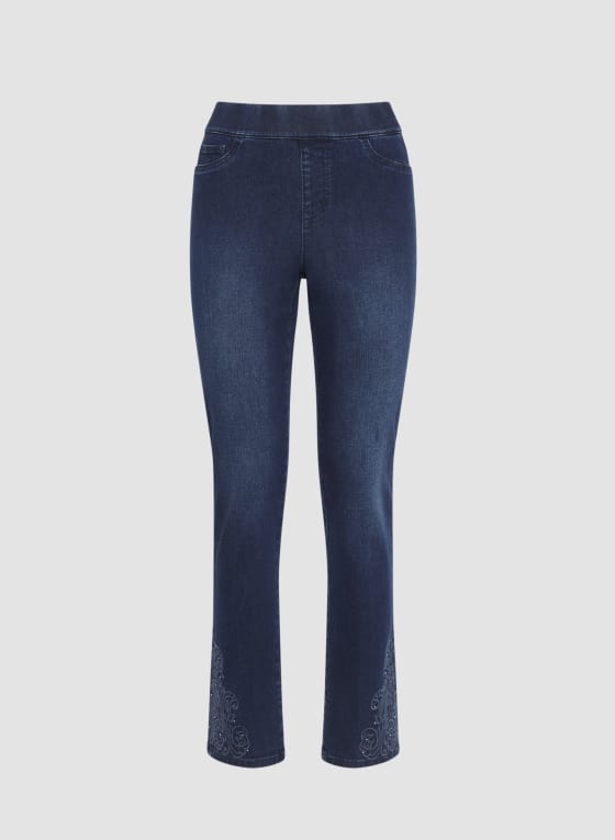 Pull-On Embroidered Hem Jeans