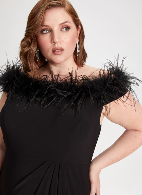 Feather Trim Off-The-Shoulder Dress