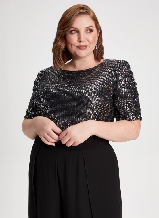 Sequin Shirred Sleeve Top