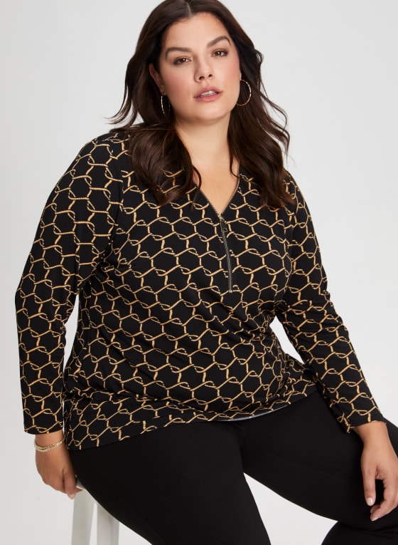 Geometric Print Zip Front Top