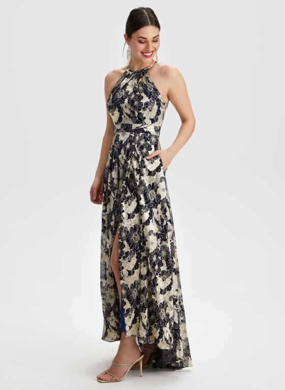 Foil Plisse Halter Neck Dress