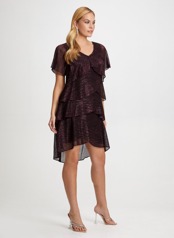 Brooch Detail Tiered Metallic Dress