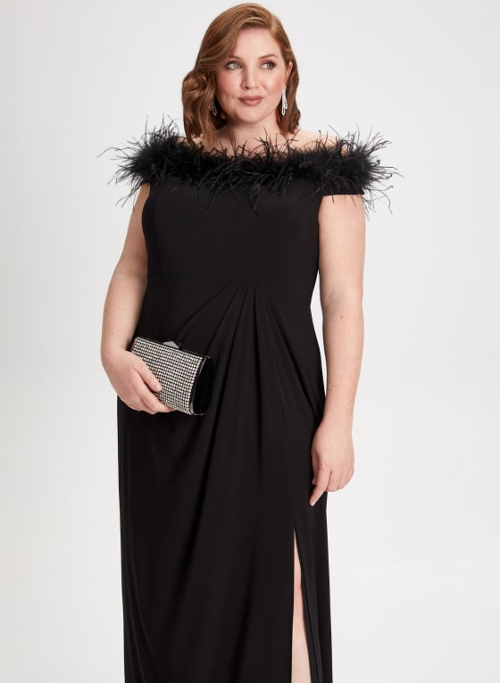 Feather Trim Off-The-Shoulder Dress