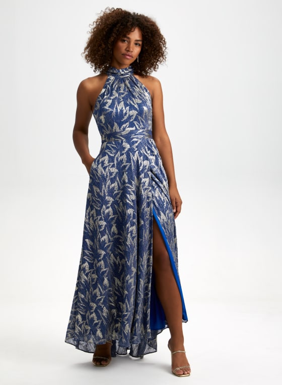 Metallic Plissé Halter Neck Dress
