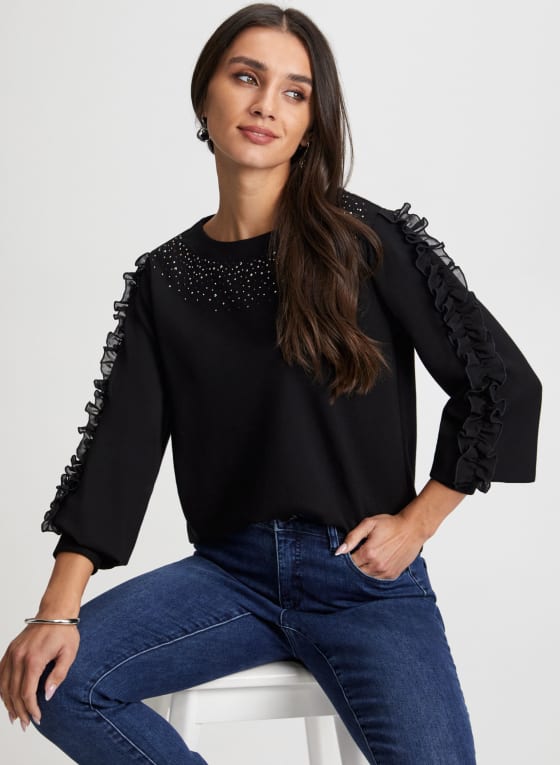 Ruffle Sleeve Rhinestone Embellished Top