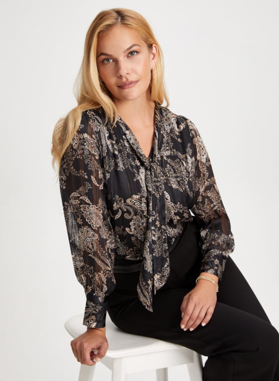 Metallic Tie Neck Blouse